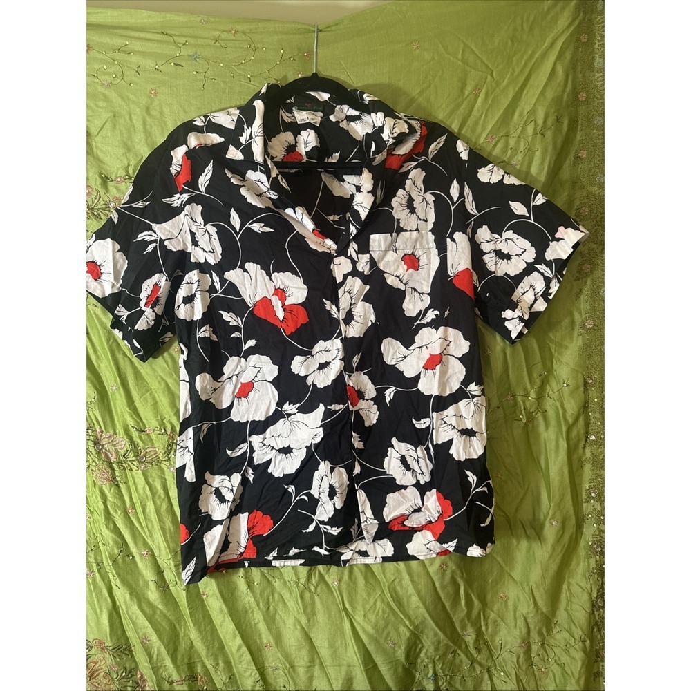 Vintage 90s Abercrombie & Fitch Floral Button Up Shirt Womens 10 Red Black White